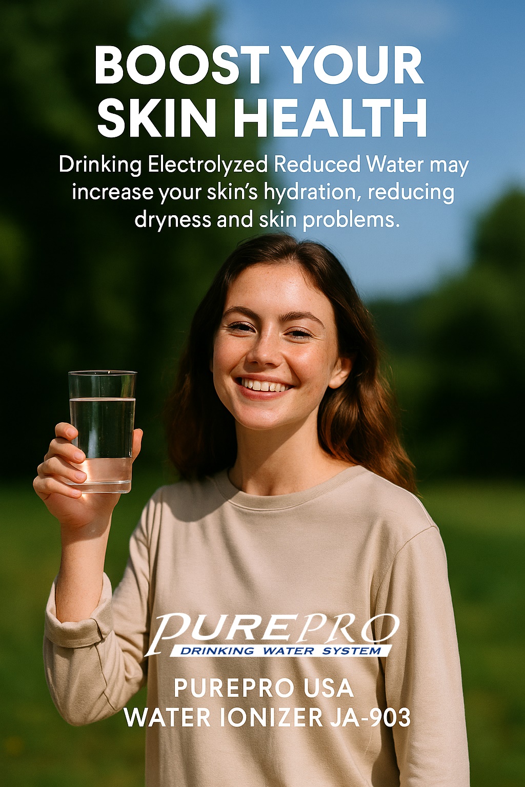 Young woman enjoying gut-friendly alkaline hydrogen water from PurePro® JA-903, promoting digestive wellness.